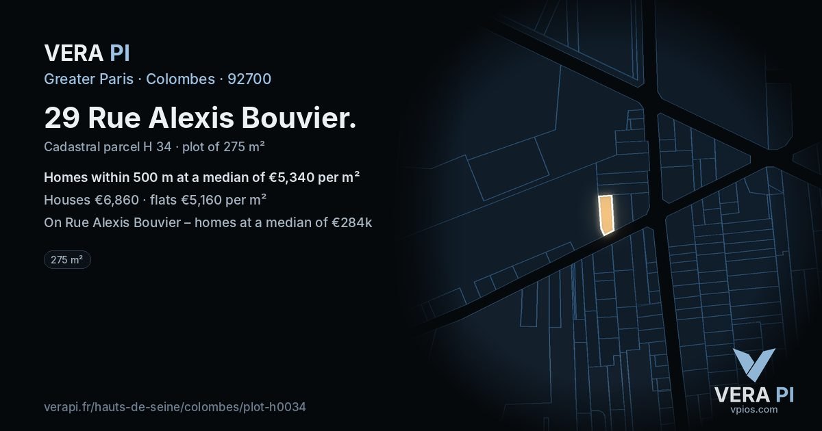 29 Rue Alexis Bouvier, Colombes at night – the plot lit, the parcels around coloured by the prices near them