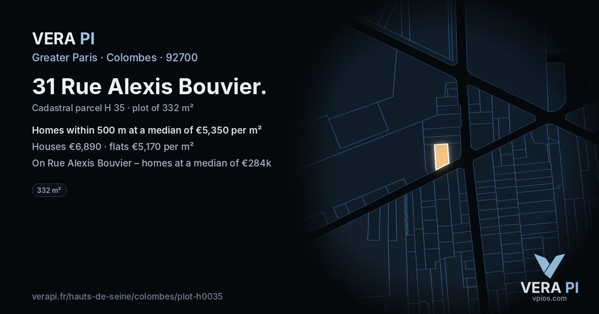 31 Rue Alexis Bouvier, Colombes at night – the plot lit, the parcels around coloured by the prices near them