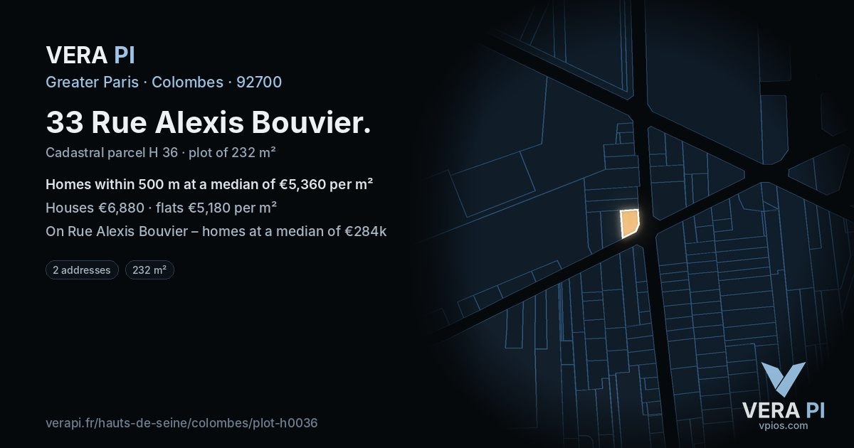33 Rue Alexis Bouvier, Colombes at night – the plot lit, the parcels around coloured by the prices near them