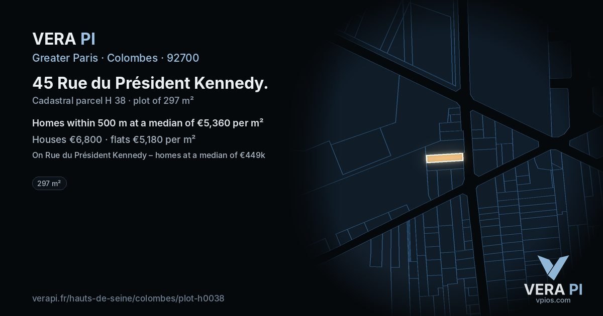 45 Rue du Président Kennedy, Colombes at night – the plot lit, the parcels around coloured by the prices near them