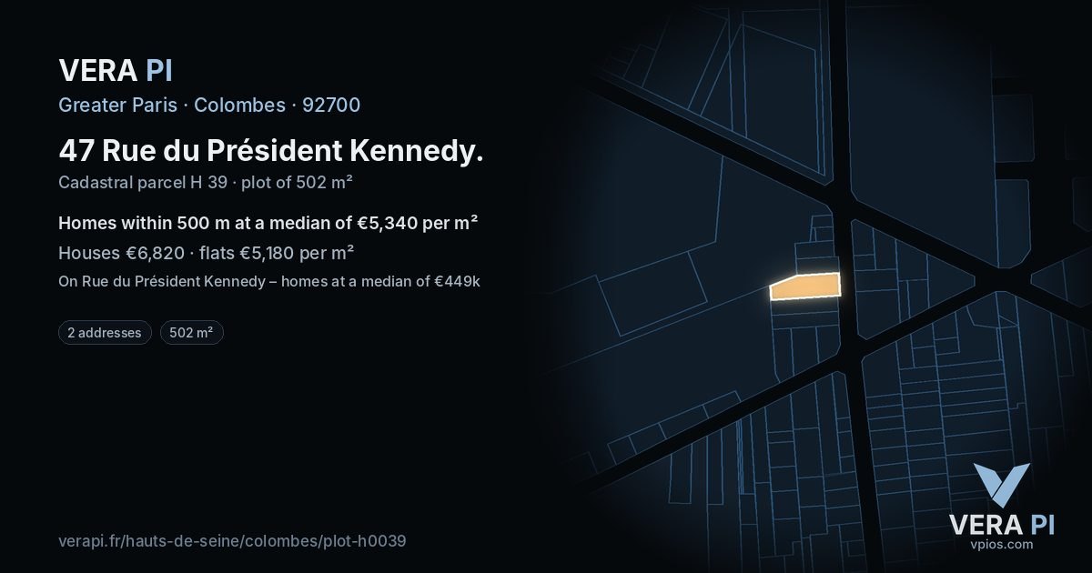 47 Rue du Président Kennedy, Colombes at night – the plot lit, the parcels around coloured by the prices near them
