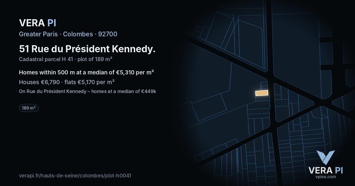 51 Rue du Président Kennedy, Colombes at night – the plot lit, the parcels around coloured by the prices near them