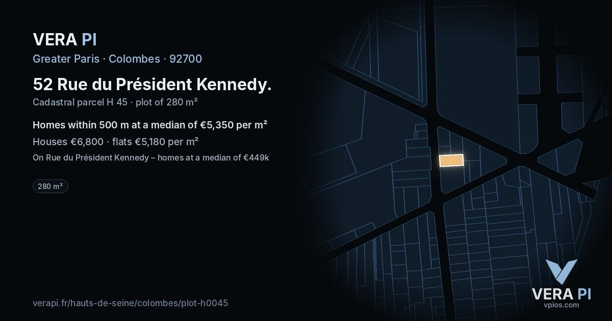 52 Rue du Président Kennedy, Colombes at night – the plot lit, the parcels around coloured by the prices near them