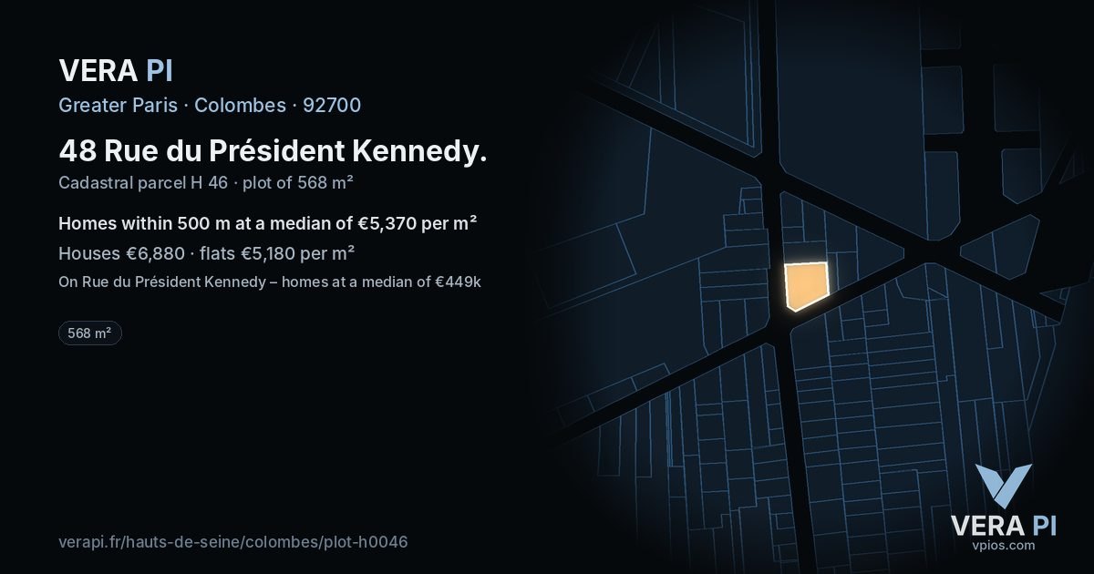 48 Rue du Président Kennedy, Colombes at night – the plot lit, the parcels around coloured by the prices near them