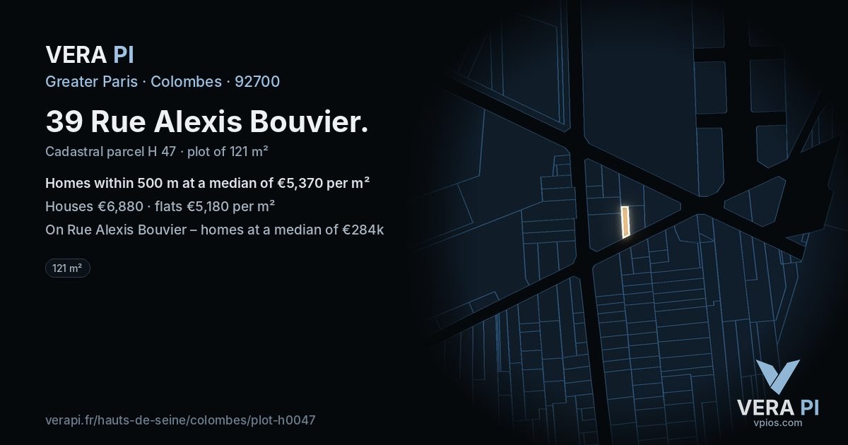 39 Rue Alexis Bouvier, Colombes at night – the plot lit, the parcels around coloured by the prices near them