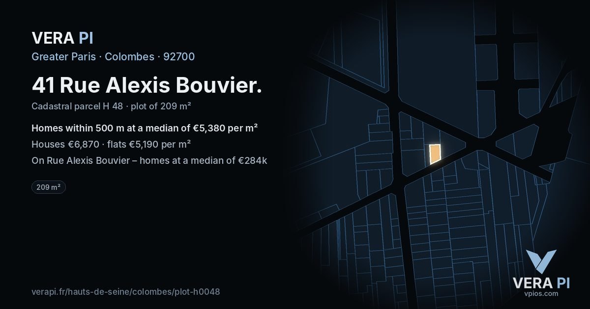 41 Rue Alexis Bouvier, Colombes at night – the plot lit, the parcels around coloured by the prices near them