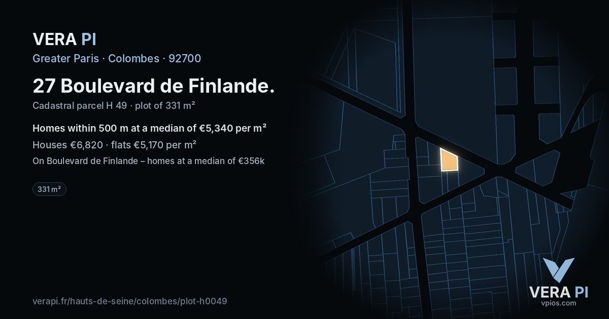 27 Boulevard de Finlande, Colombes at night – the plot lit, the parcels around coloured by the prices near them
