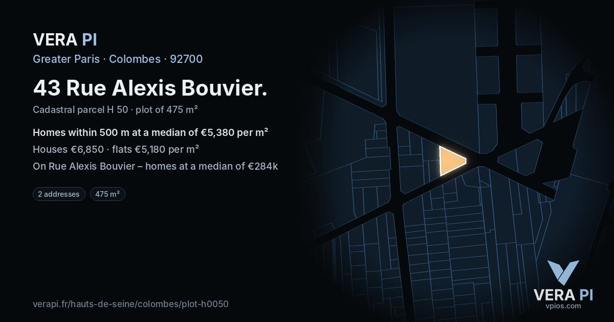 43 Rue Alexis Bouvier, Colombes at night – the plot lit, the parcels around coloured by the prices near them