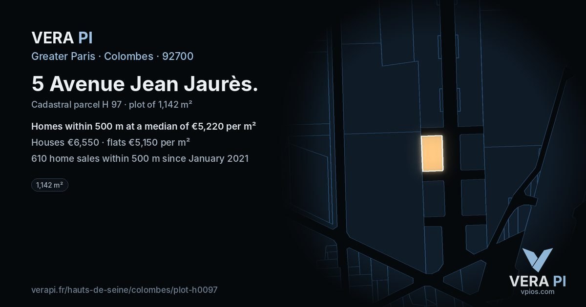 5 Avenue Jean Jaurès, Colombes at night – the plot lit, the parcels around coloured by the prices near them