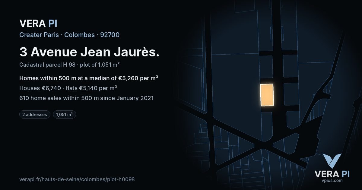 3 Avenue Jean Jaurès, Colombes at night – the plot lit, the parcels around coloured by the prices near them