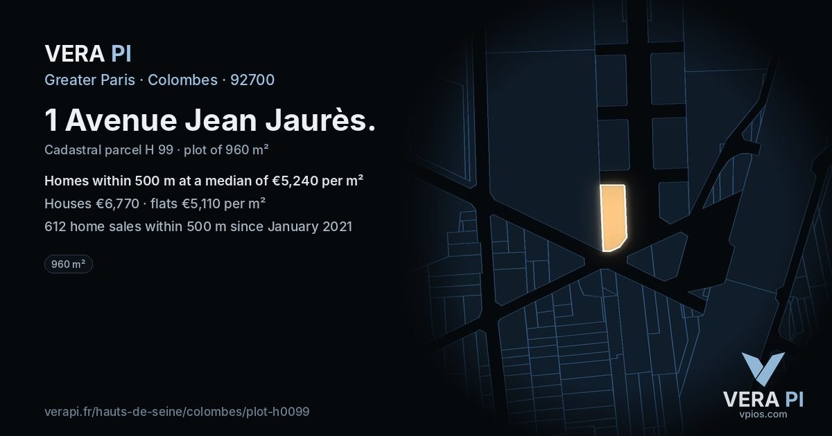 1 Avenue Jean Jaurès, Colombes at night – the plot lit, the parcels around coloured by the prices near them