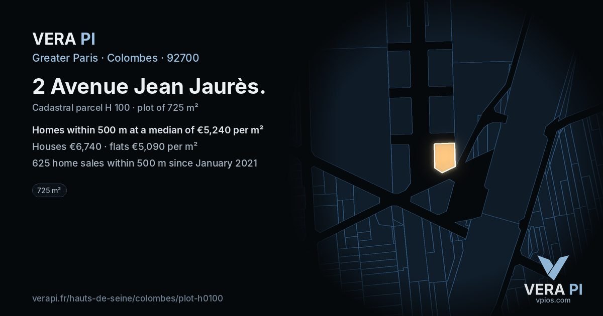 2 Avenue Jean Jaurès, Colombes at night – the plot lit, the parcels around coloured by the prices near them