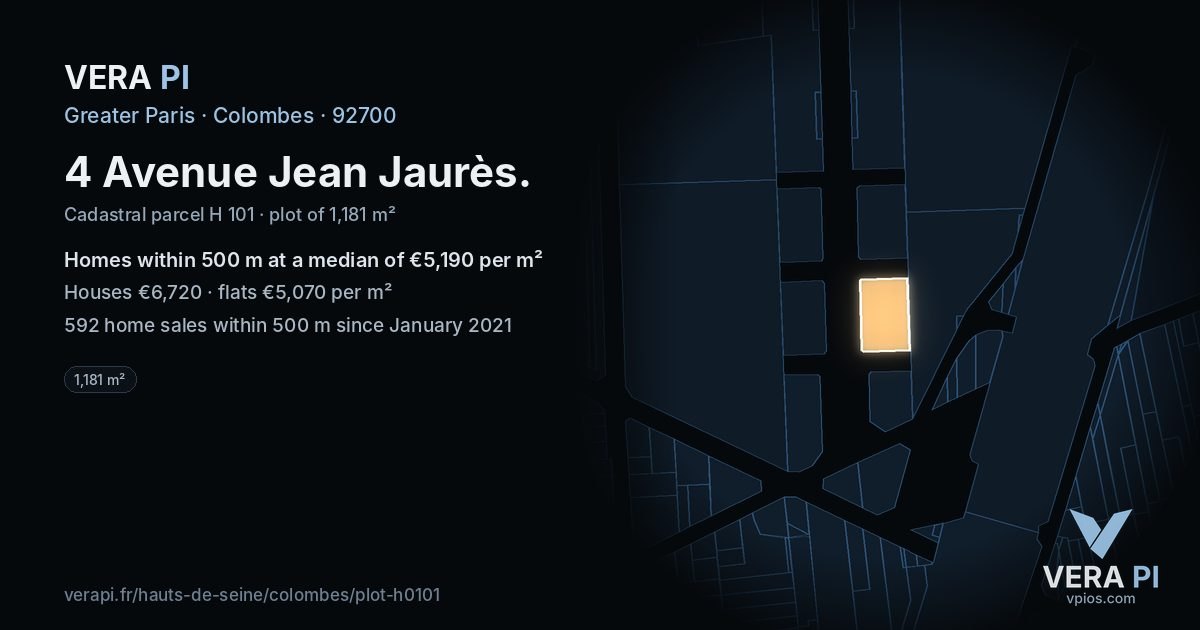 4 Avenue Jean Jaurès, Colombes at night – the plot lit, the parcels around coloured by the prices near them