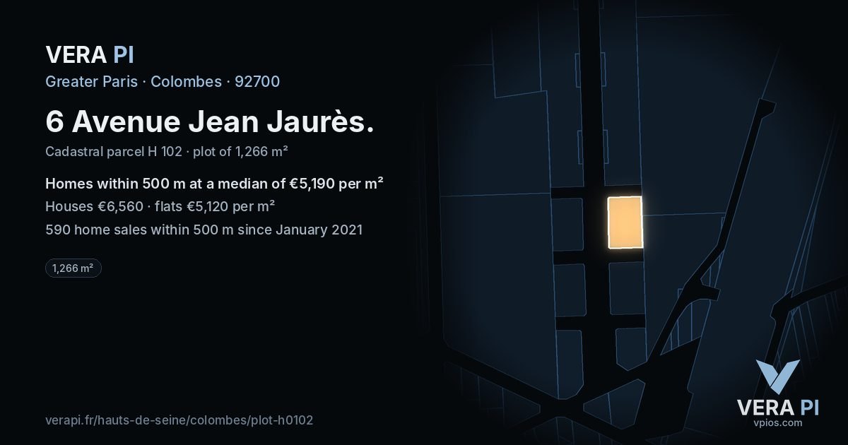 6 Avenue Jean Jaurès, Colombes at night – the plot lit, the parcels around coloured by the prices near them