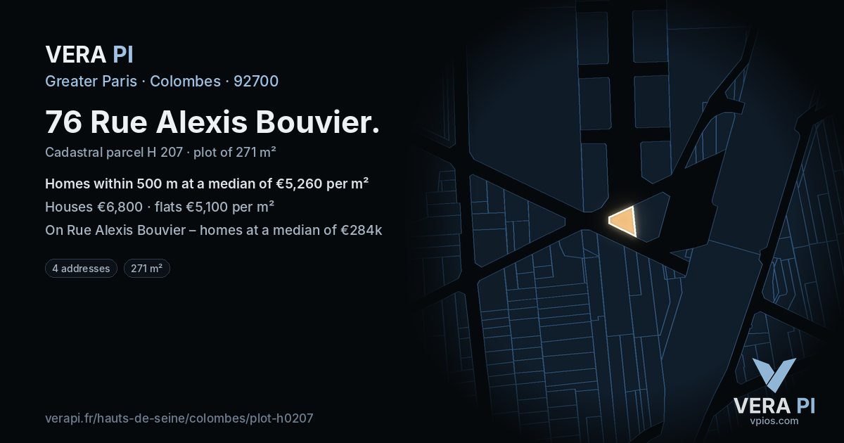 76 Rue Alexis Bouvier, Colombes at night – the plot lit, the parcels around coloured by the prices near them
