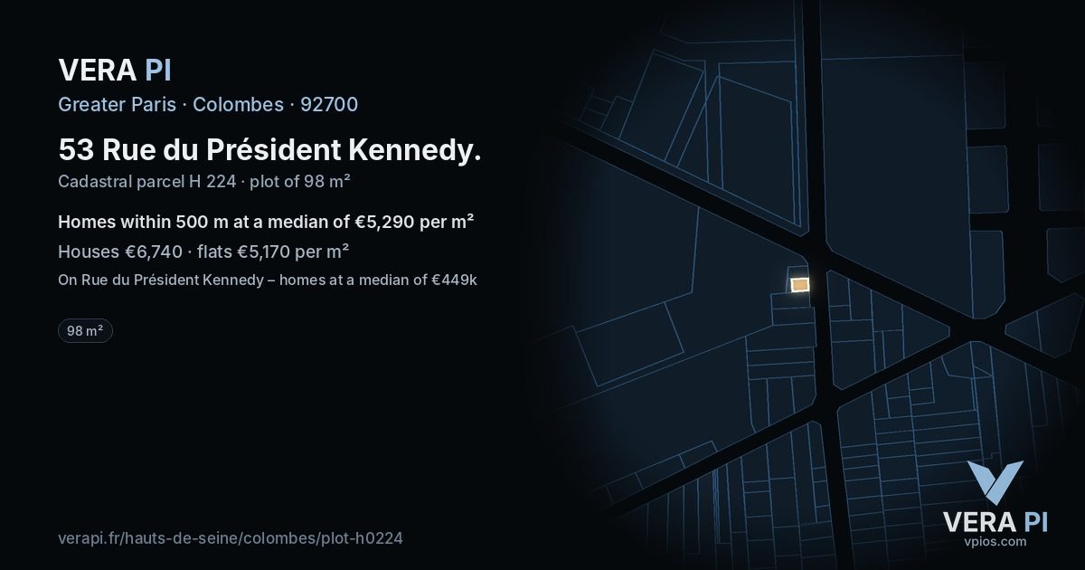 53 Rue du Président Kennedy, Colombes at night – the plot lit, the parcels around coloured by the prices near them