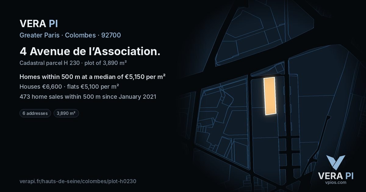 4 Avenue de l’Association, Colombes at night – the plot lit, the parcels around coloured by the prices near them