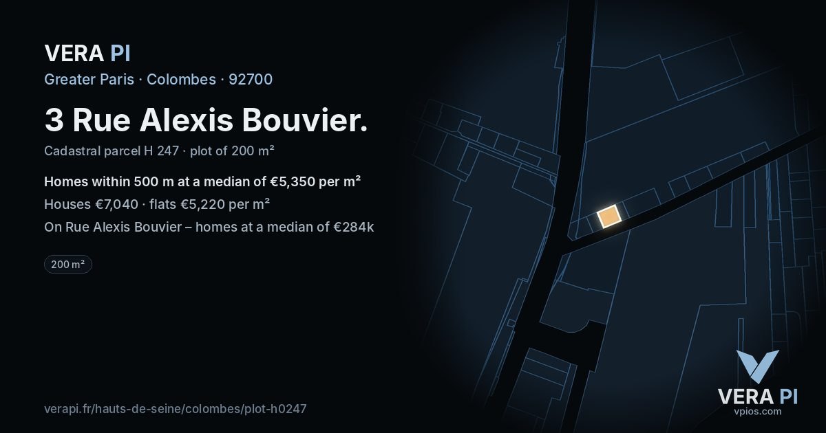 3 Rue Alexis Bouvier, Colombes at night – the plot lit, the parcels around coloured by the prices near them