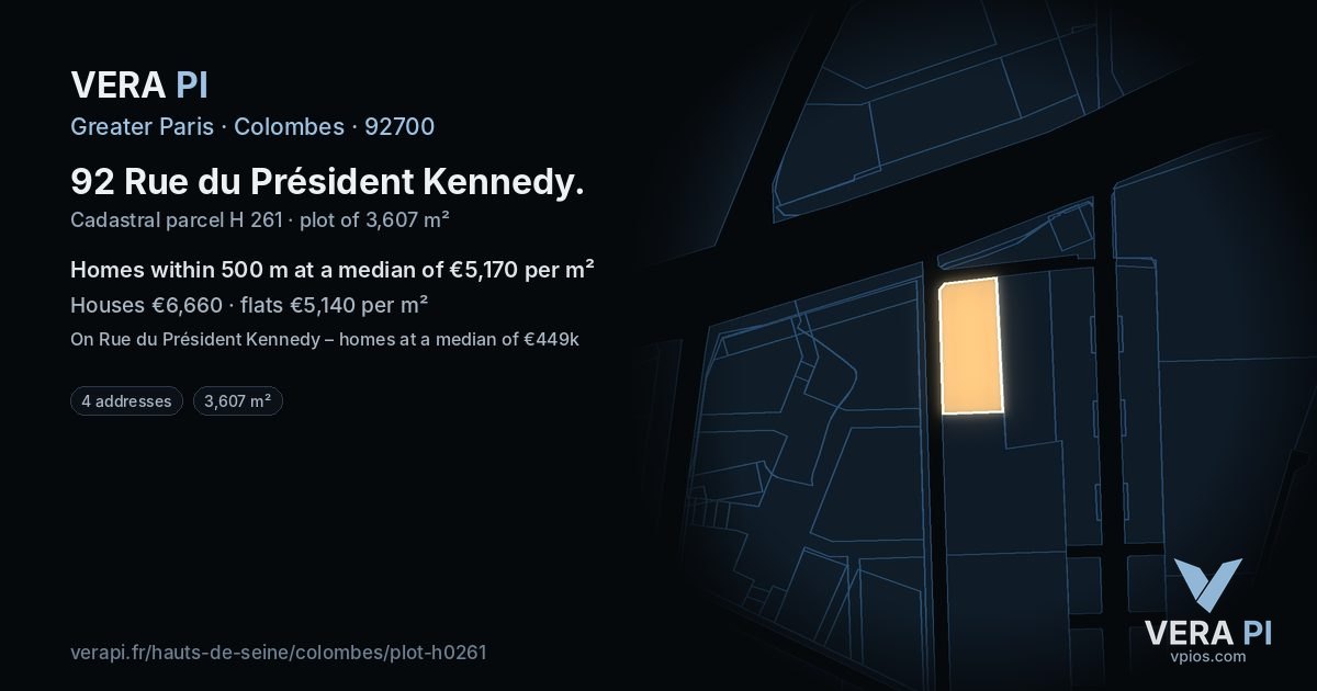 92 Rue du Président Kennedy, Colombes at night – the plot lit, the parcels around coloured by the prices near them