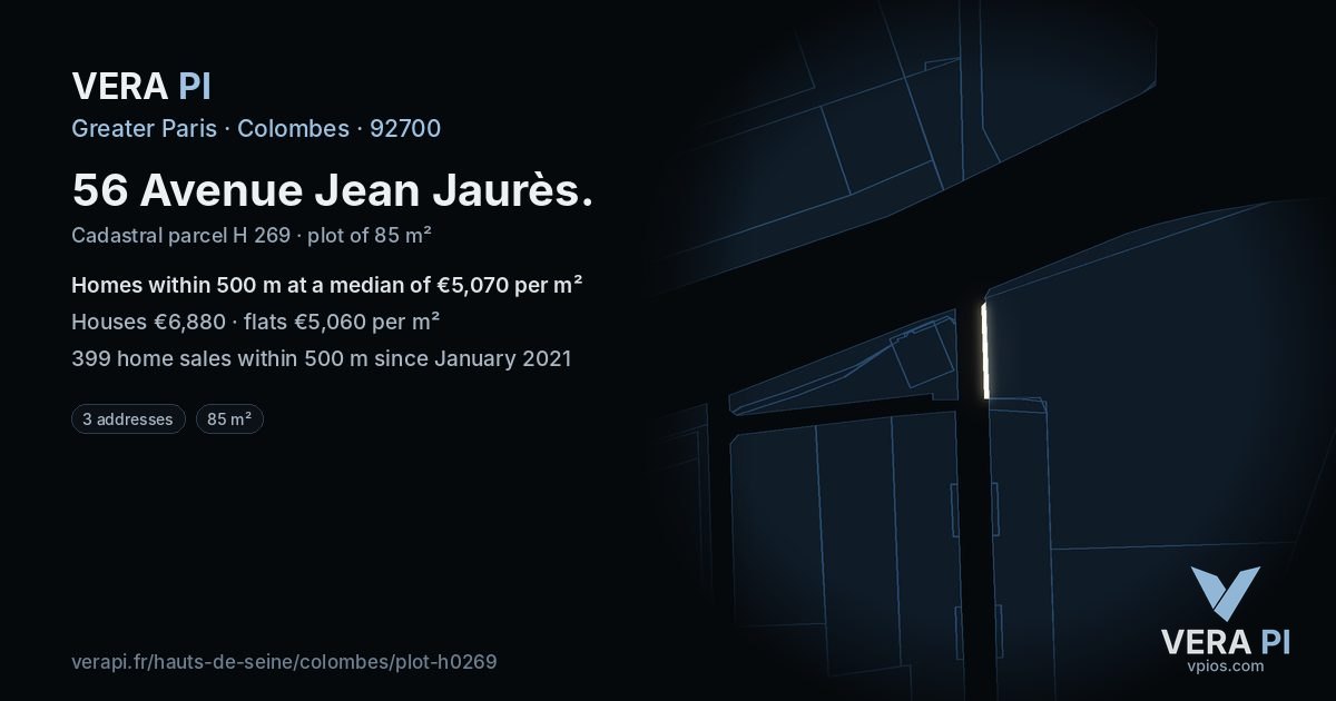 56 Avenue Jean Jaurès, Colombes at night – the plot lit, the parcels around coloured by the prices near them