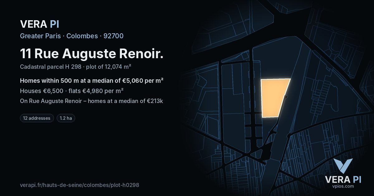11 Rue Auguste Renoir, Colombes at night – the plot lit, the parcels around coloured by the prices near them