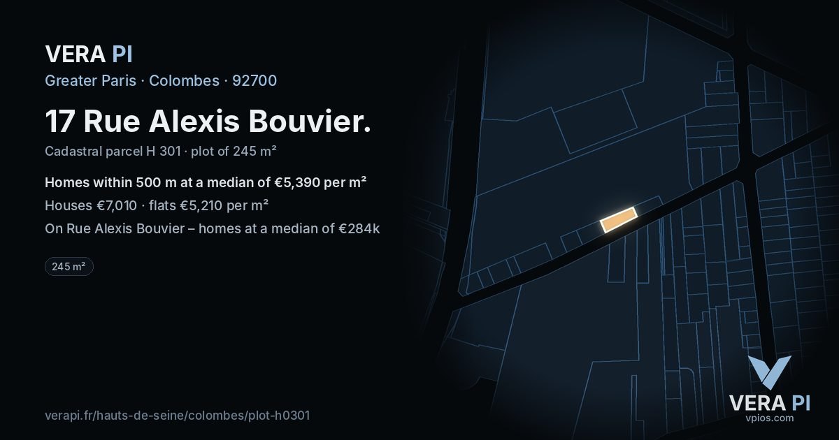 17 Rue Alexis Bouvier, Colombes at night – the plot lit, the parcels around coloured by the prices near them
