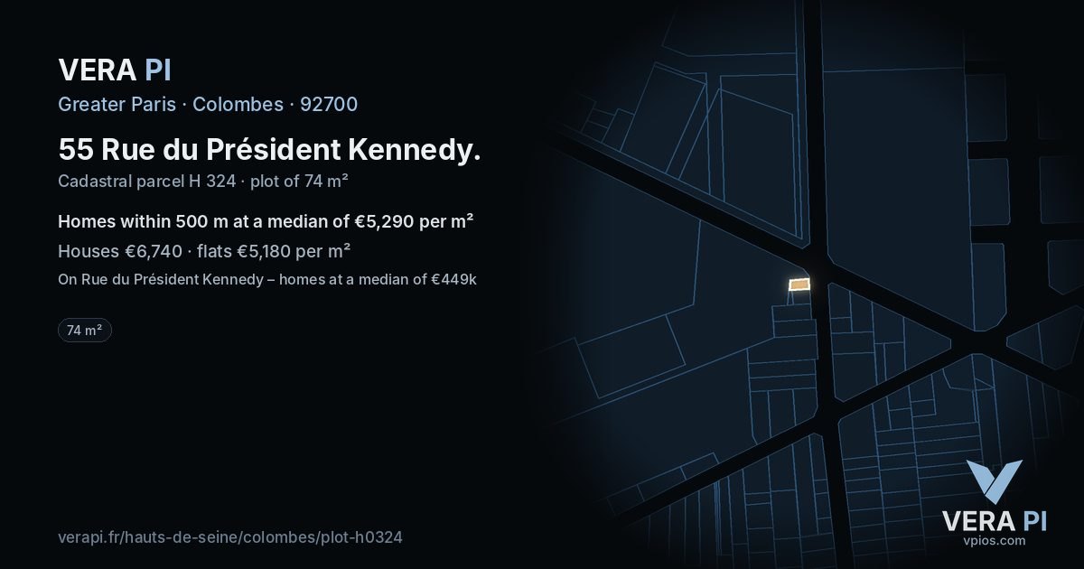 55 Rue du Président Kennedy, Colombes at night – the plot lit, the parcels around coloured by the prices near them