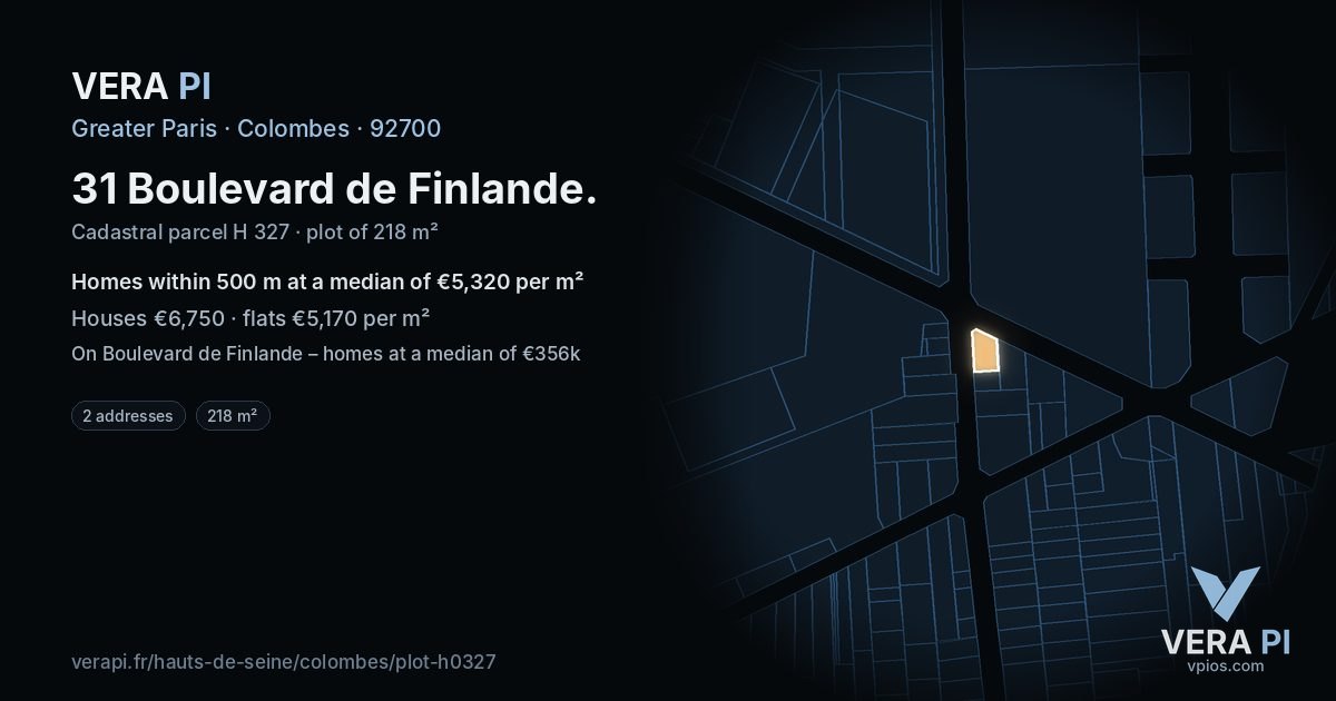 31 Boulevard de Finlande, Colombes at night – the plot lit, the parcels around coloured by the prices near them
