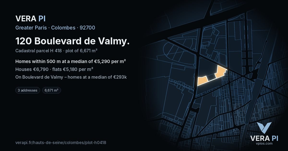 120 Boulevard de Valmy, Colombes at night – the plot lit, the parcels around coloured by the prices near them