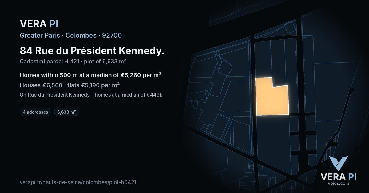 84 Rue du Président Kennedy, Colombes at night – the plot lit, the parcels around coloured by the prices near them