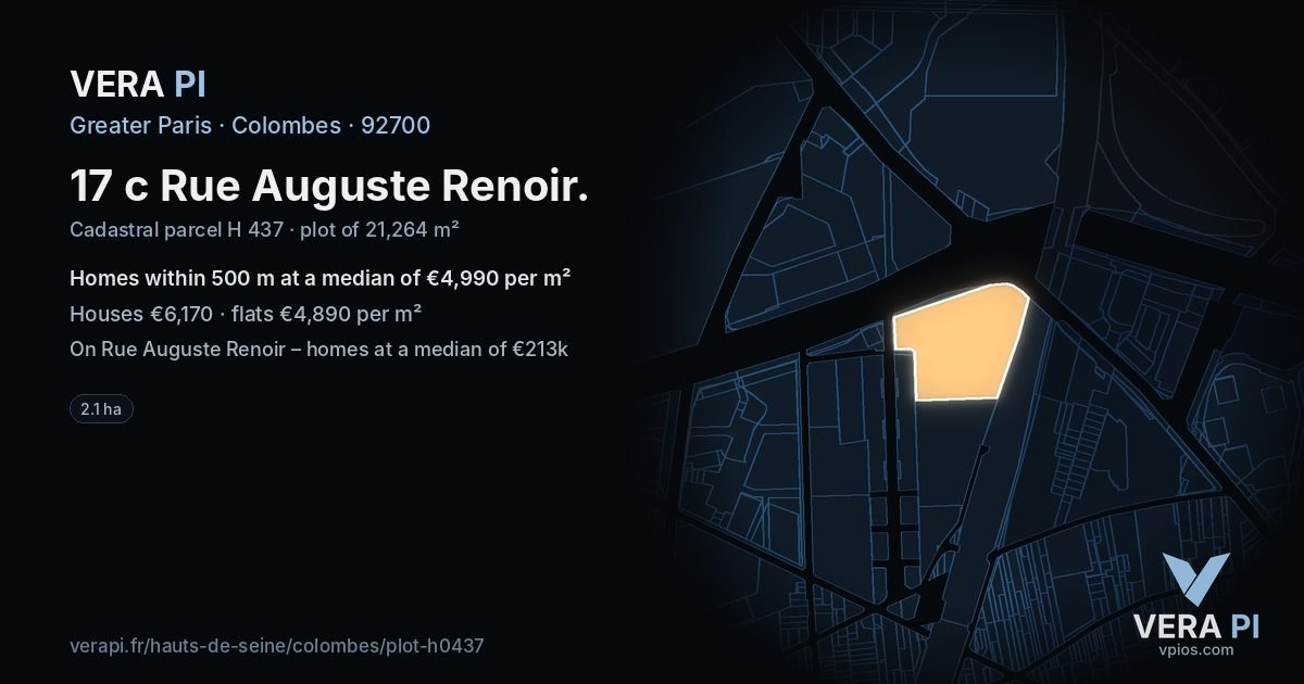 17 c Rue Auguste Renoir, Colombes at night – the plot lit, the parcels around coloured by the prices near them