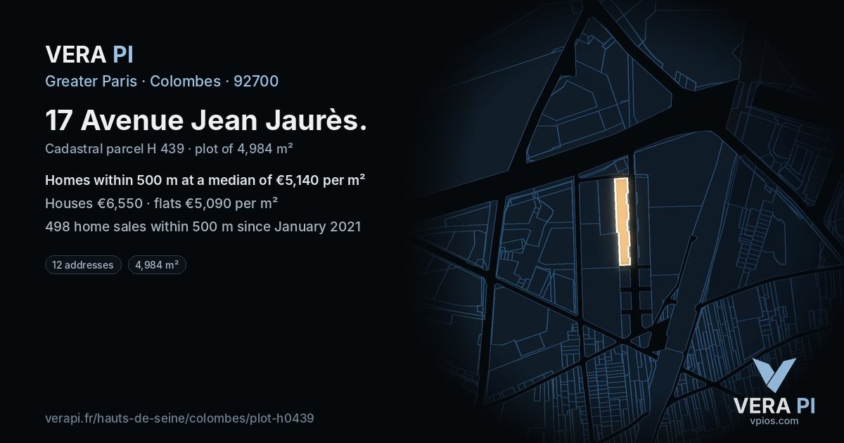 17 Avenue Jean Jaurès, Colombes at night – the plot lit, the parcels around coloured by the prices near them