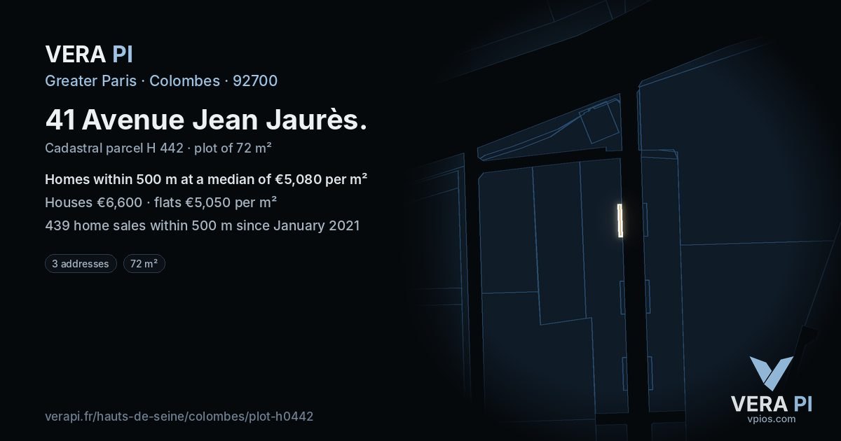 41 Avenue Jean Jaurès, Colombes at night – the plot lit, the parcels around coloured by the prices near them