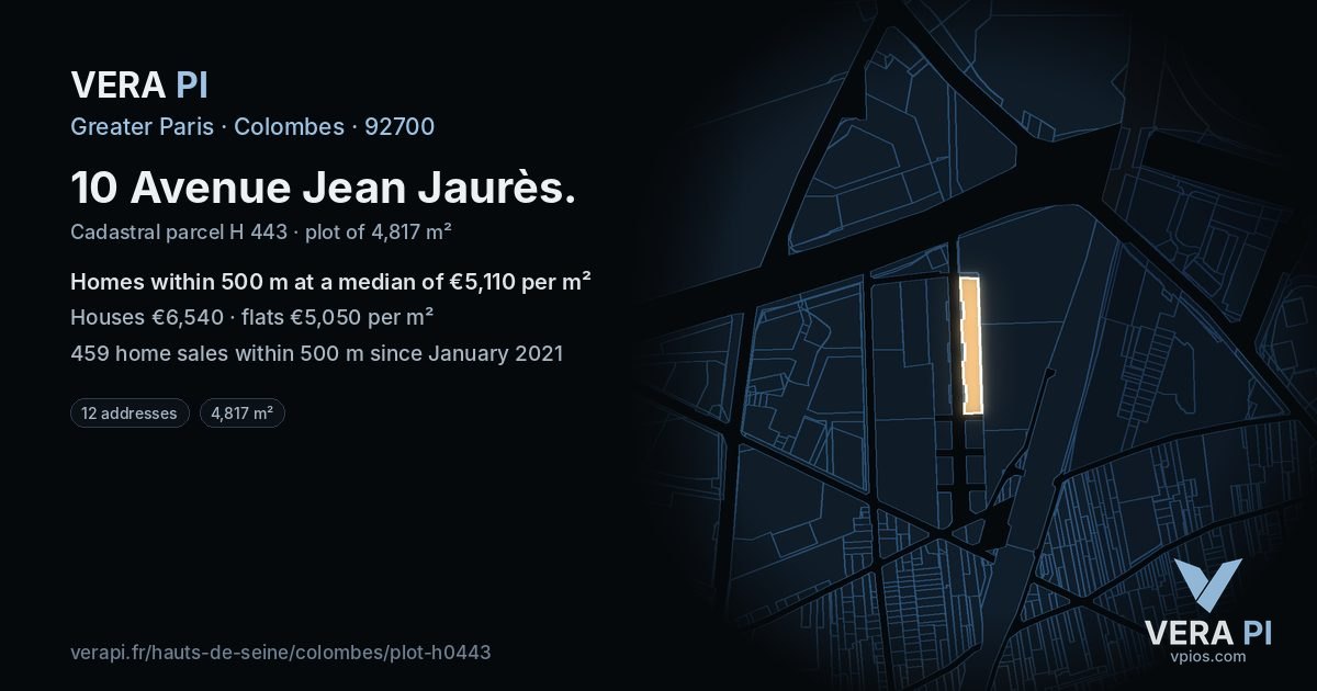 10 Avenue Jean Jaurès, Colombes at night – the plot lit, the parcels around coloured by the prices near them