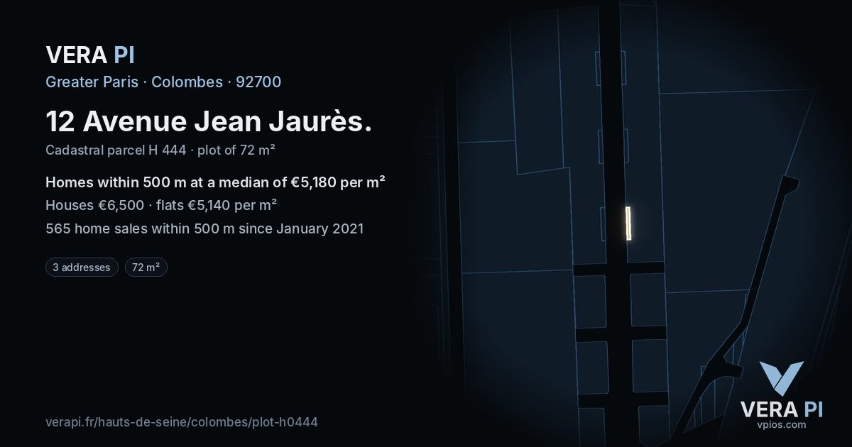 12 Avenue Jean Jaurès, Colombes at night – the plot lit, the parcels around coloured by the prices near them