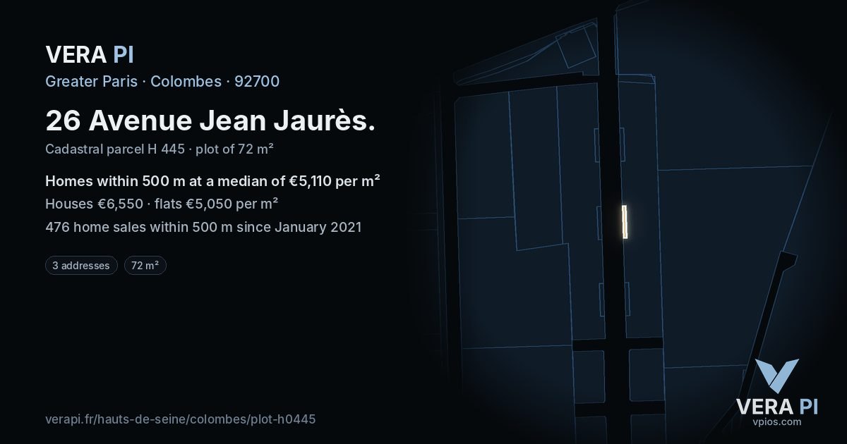 26 Avenue Jean Jaurès, Colombes at night – the plot lit, the parcels around coloured by the prices near them