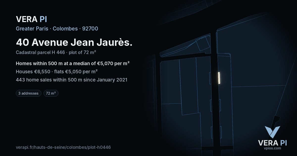 40 Avenue Jean Jaurès, Colombes at night – the plot lit, the parcels around coloured by the prices near them
