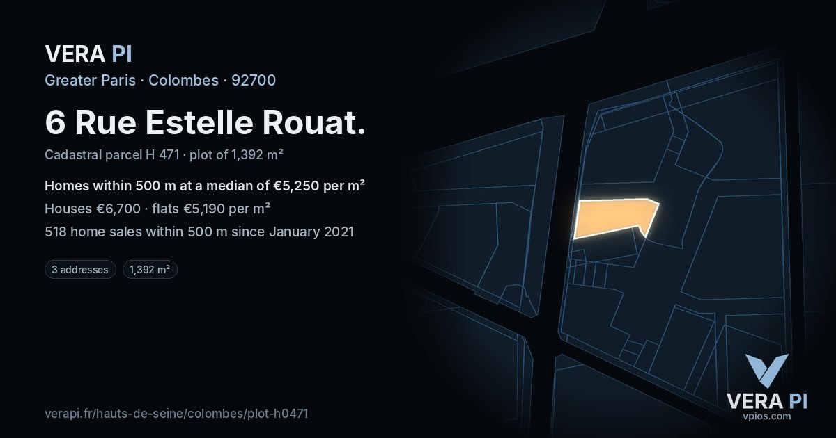 6 Rue Estelle Rouat, Colombes at night – the plot lit, the parcels around coloured by the prices near them