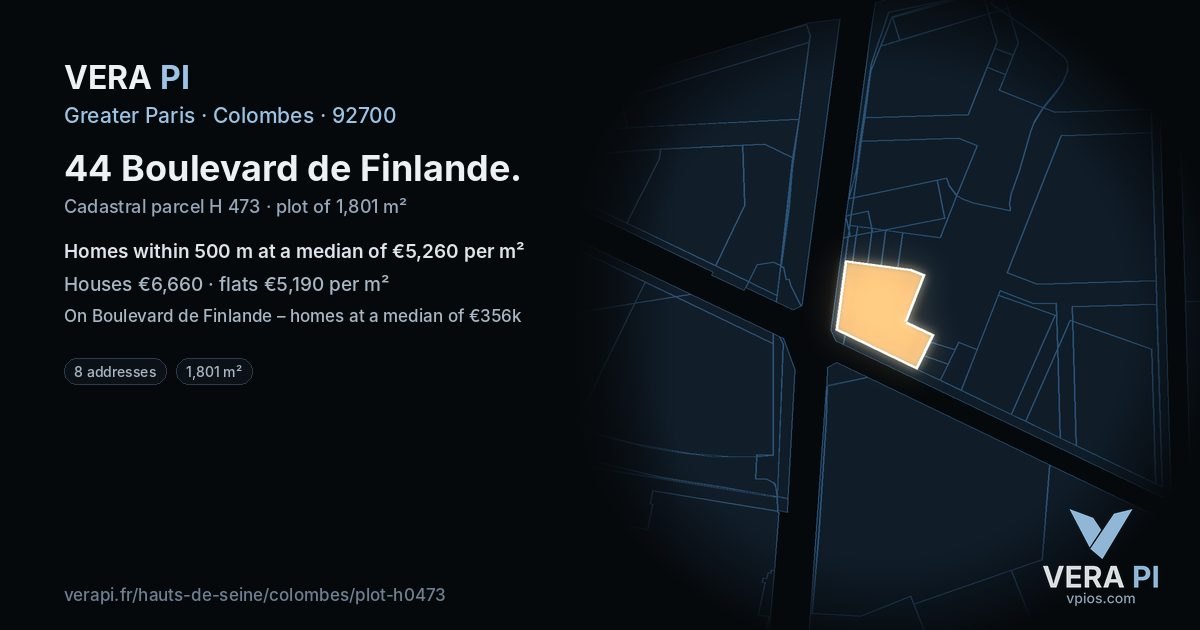 44 Boulevard de Finlande, Colombes at night – the plot lit, the parcels around coloured by the prices near them