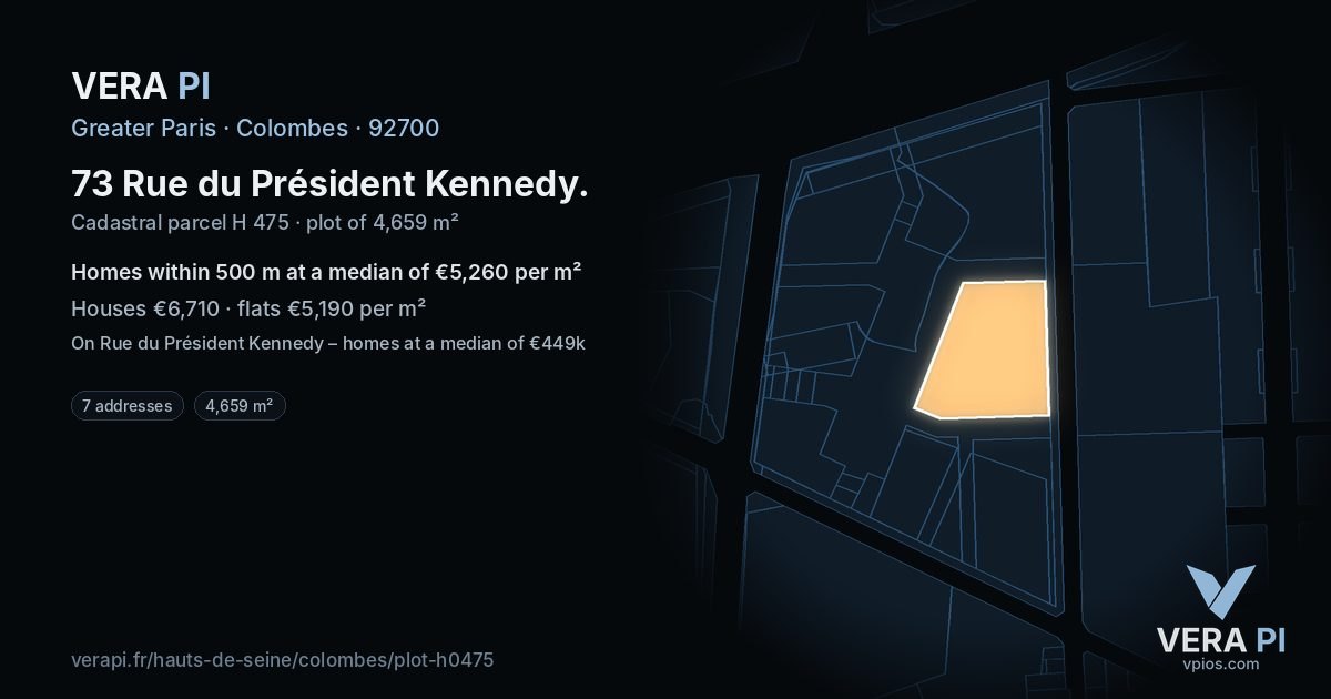 73 Rue du Président Kennedy, Colombes at night – the plot lit, the parcels around coloured by the prices near them