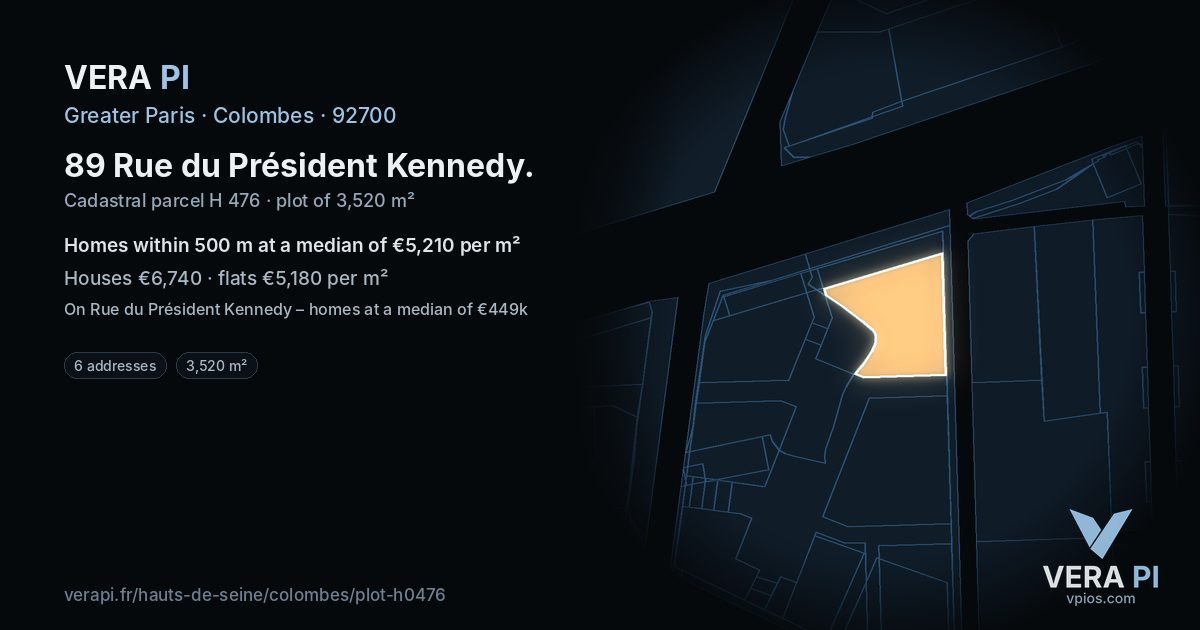 89 Rue du Président Kennedy, Colombes at night – the plot lit, the parcels around coloured by the prices near them