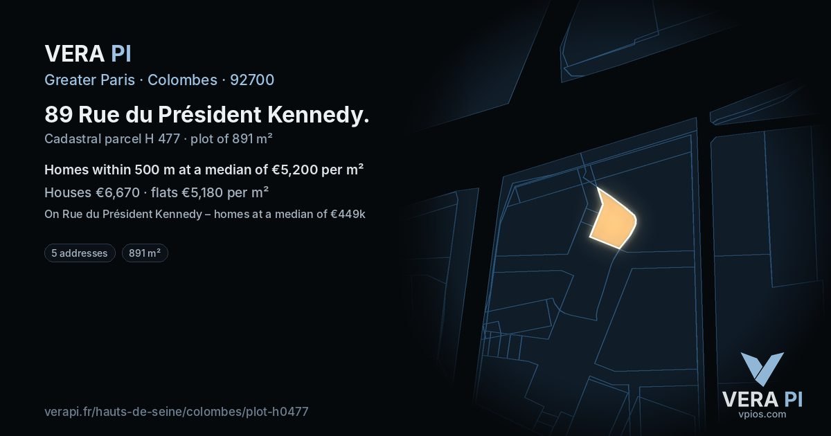 89 Rue du Président Kennedy, Colombes at night – the plot lit, the parcels around coloured by the prices near them