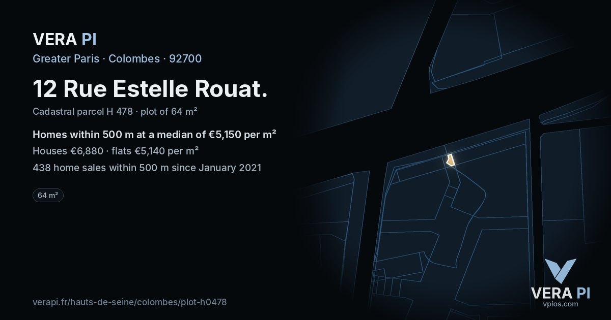 12 Rue Estelle Rouat, Colombes at night – the plot lit, the parcels around coloured by the prices near them