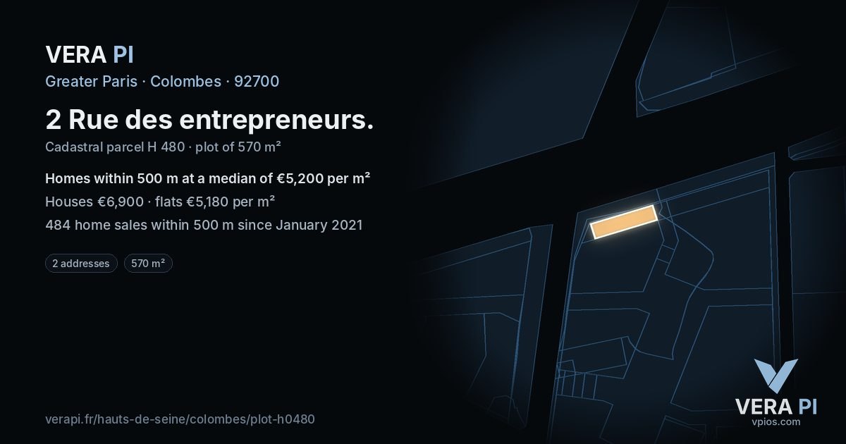2 Rue des entrepreneurs, Colombes at night – the plot lit, the parcels around coloured by the prices near them