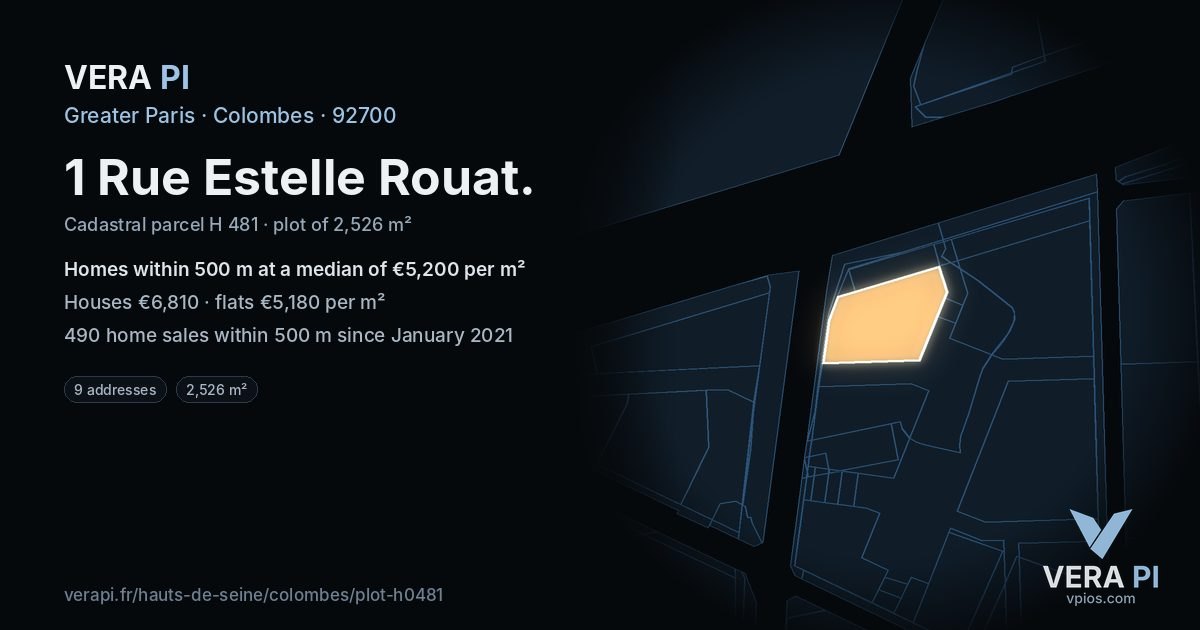 1 Rue Estelle Rouat, Colombes at night – the plot lit, the parcels around coloured by the prices near them