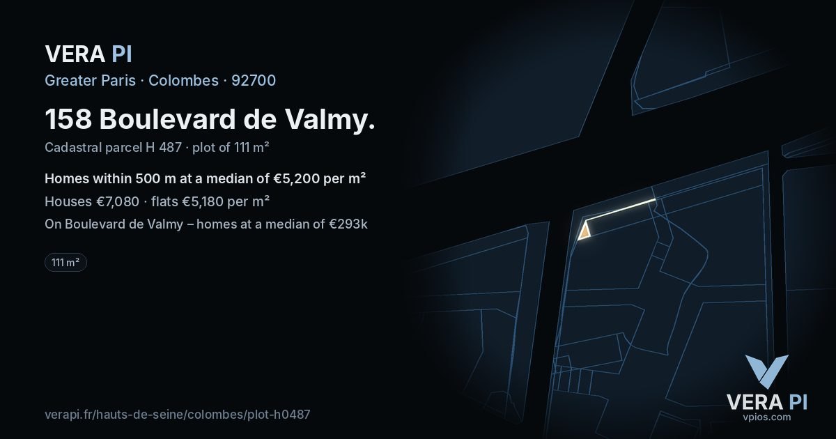 158 Boulevard de Valmy, Colombes at night – the plot lit, the parcels around coloured by the prices near them