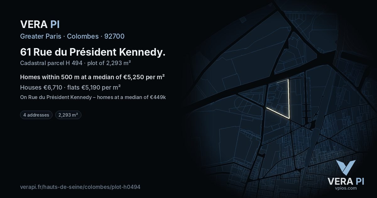 61 Rue du Président Kennedy, Colombes at night – the plot lit, the parcels around coloured by the prices near them