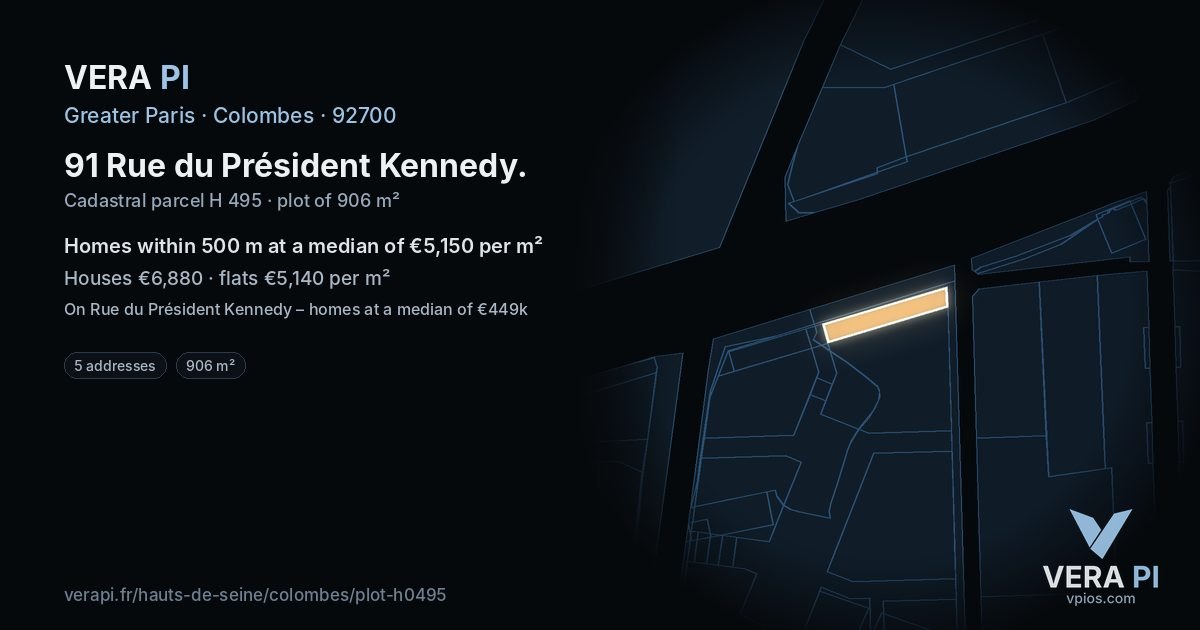91 Rue du Président Kennedy, Colombes at night – the plot lit, the parcels around coloured by the prices near them