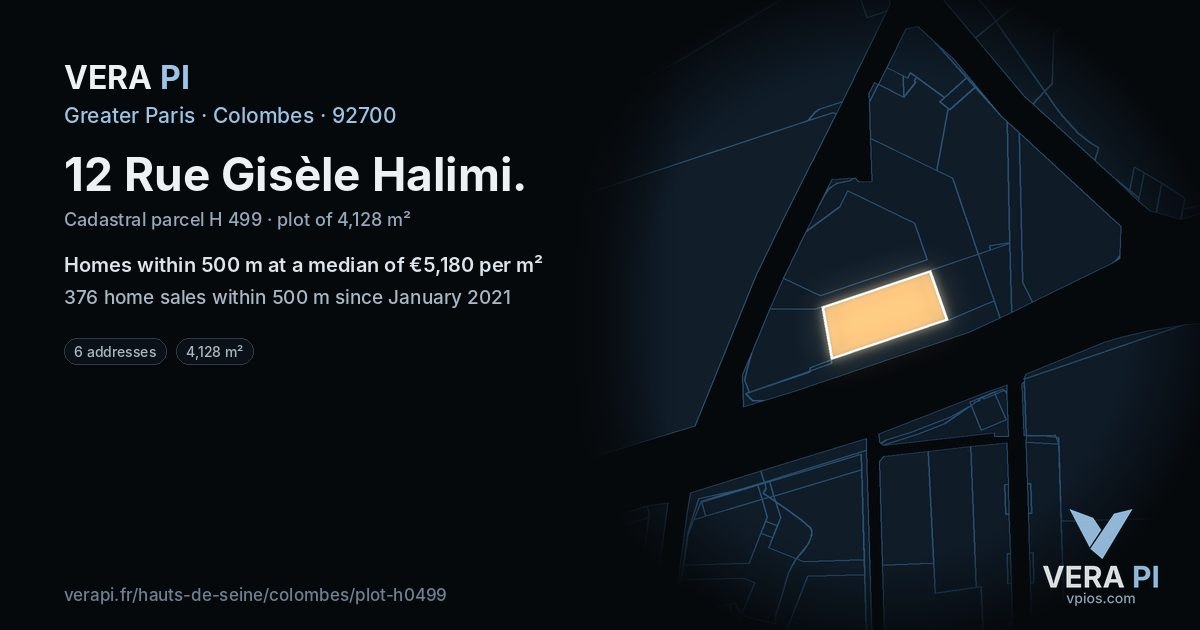 12 Rue Gisèle Halimi, Colombes at night – the plot lit, the parcels around coloured by the prices near them