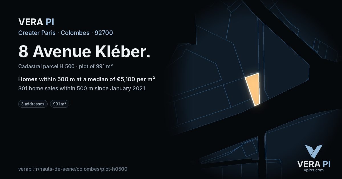 8 Avenue Kléber, Colombes at night – the plot lit, the parcels around coloured by the prices near them